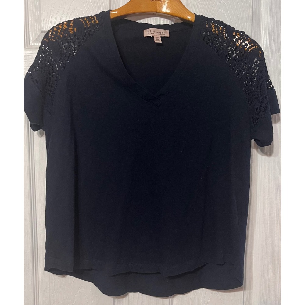 Philosophy Black Cotton Crochet Lace Shoulder V-Neck Short Sleeve Top XL